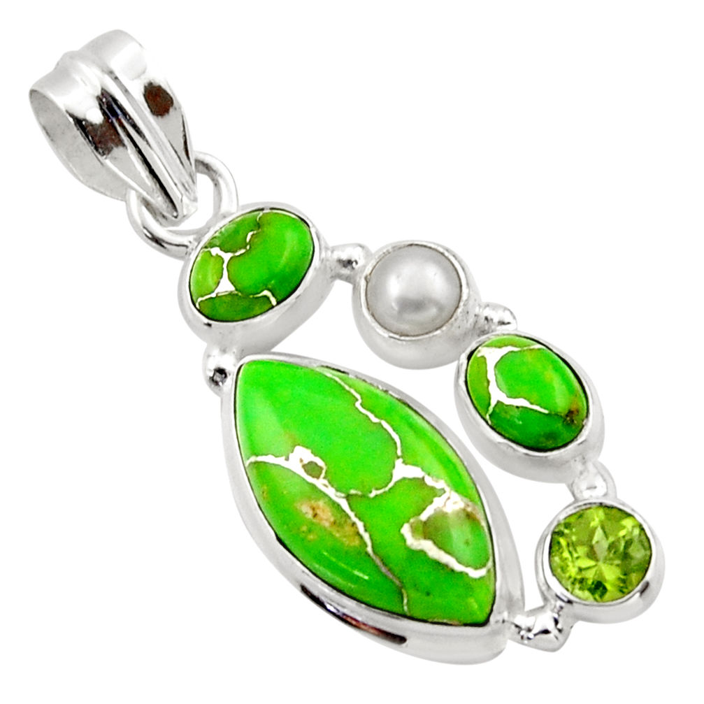 925 sterling silver 14.05cts green copper turquoise peridot pearl pendant r40140