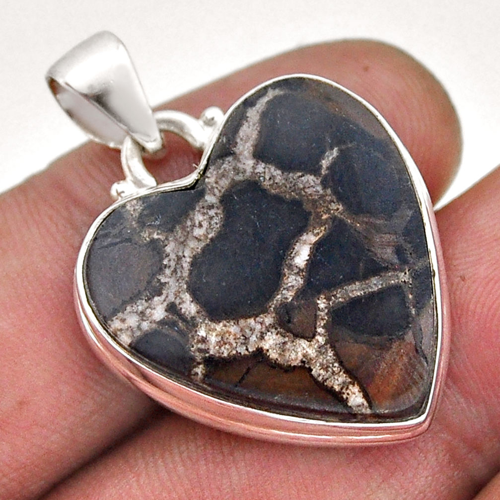 925 sterling silver 16.54cts heart natural brown septarian gonads pendant n46109