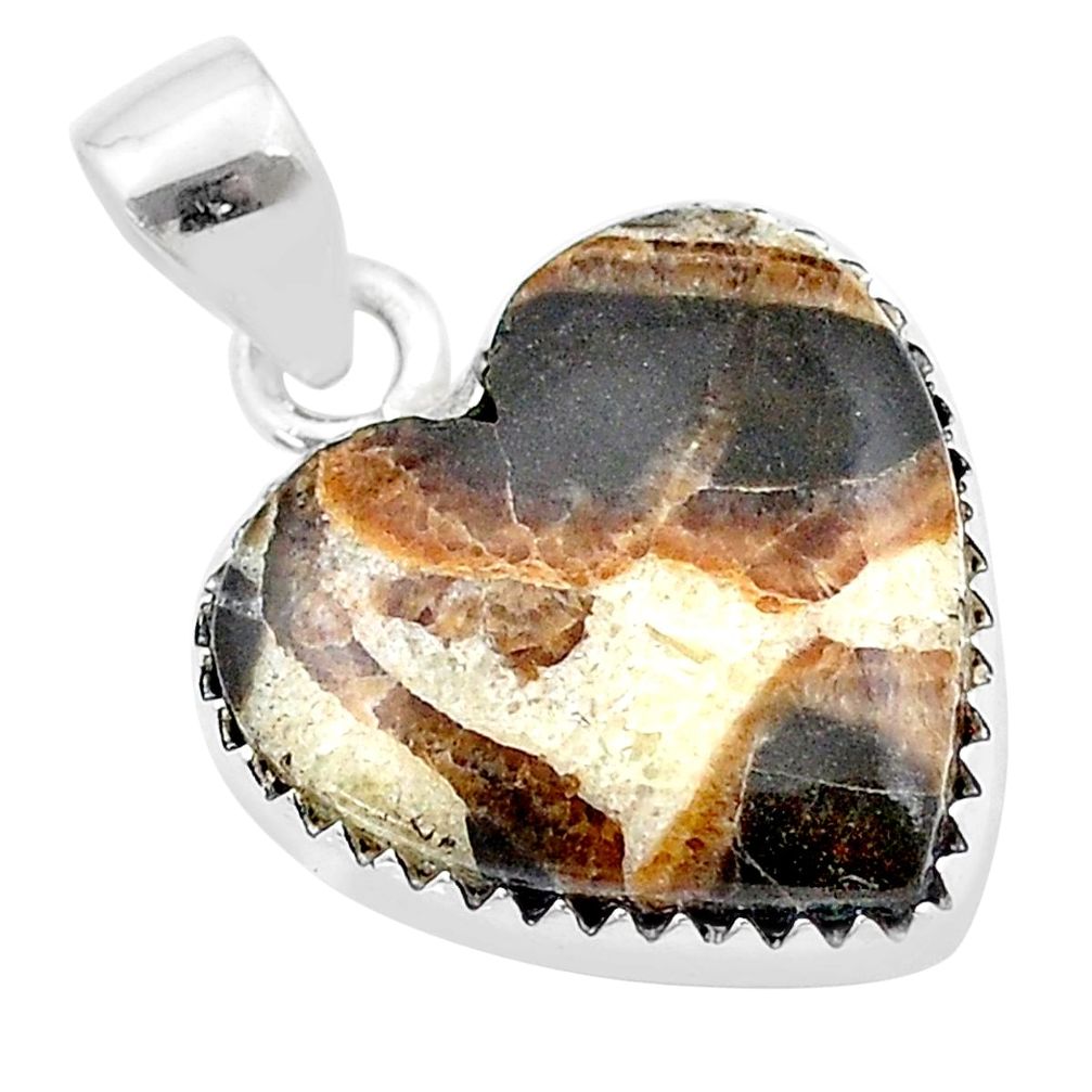 925 sterling silver 9.82cts heart natural brown septarian gonads pendant u39229