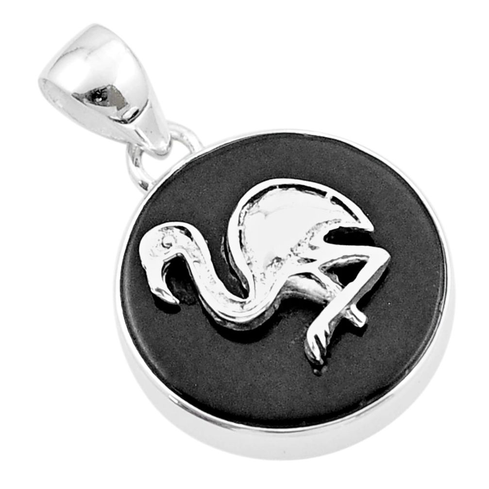 925 sterling silver 14.48cts heron bird natural black onyx round coin enamel pendant u34654