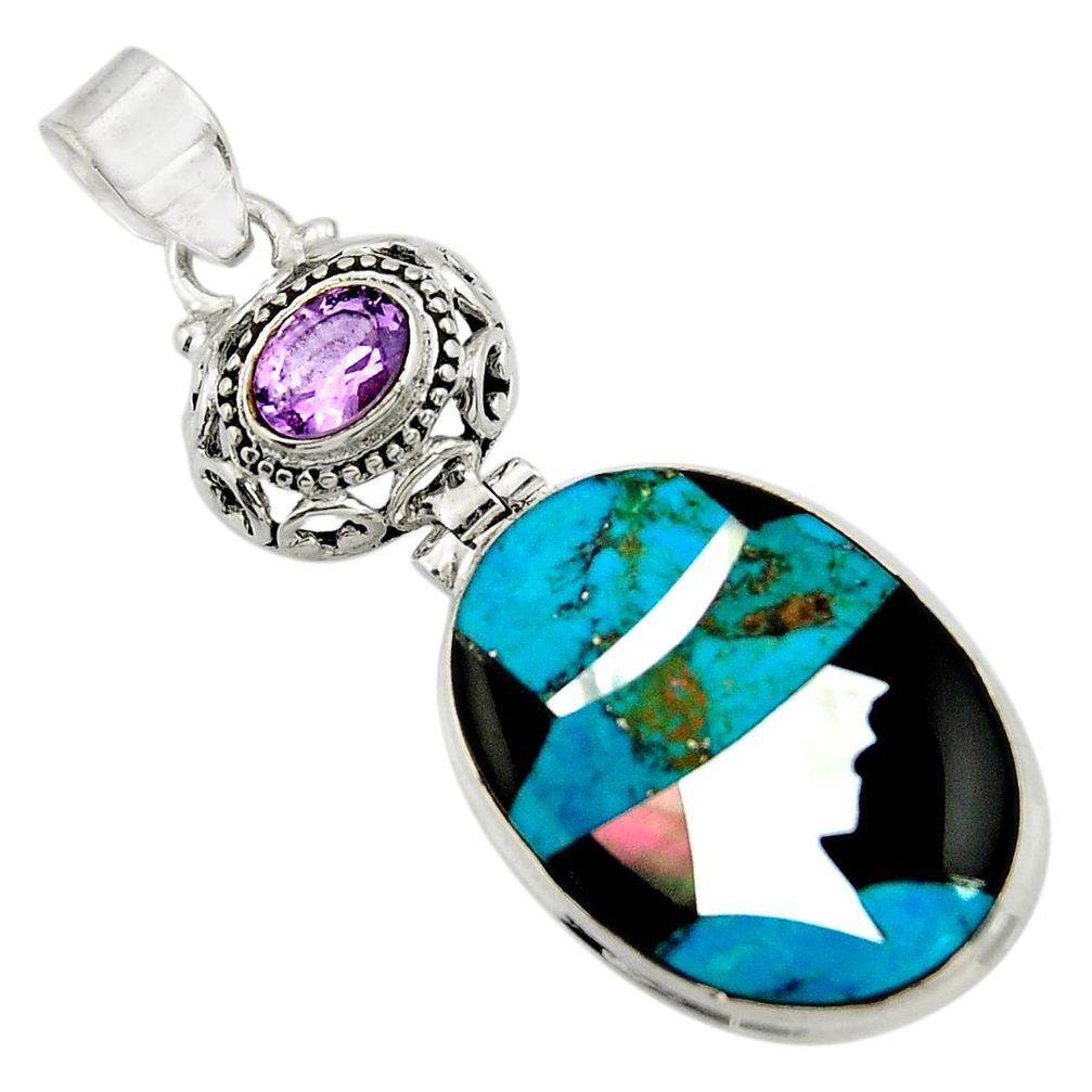 925 sterling silver lady cameo natural blue chrysocolla amethyst pendant r26448