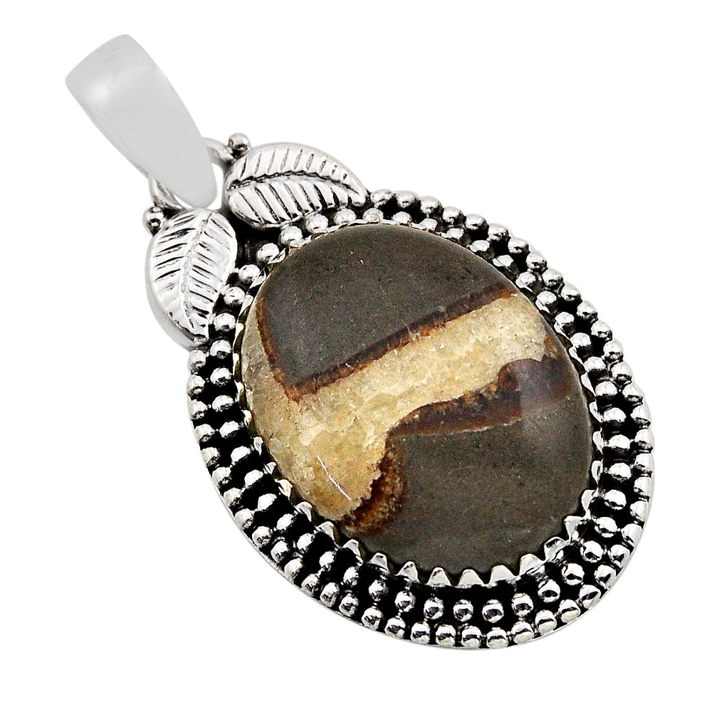 925 sterling silver 16.11cts leaf natural brown septarian gonads pendant n1053