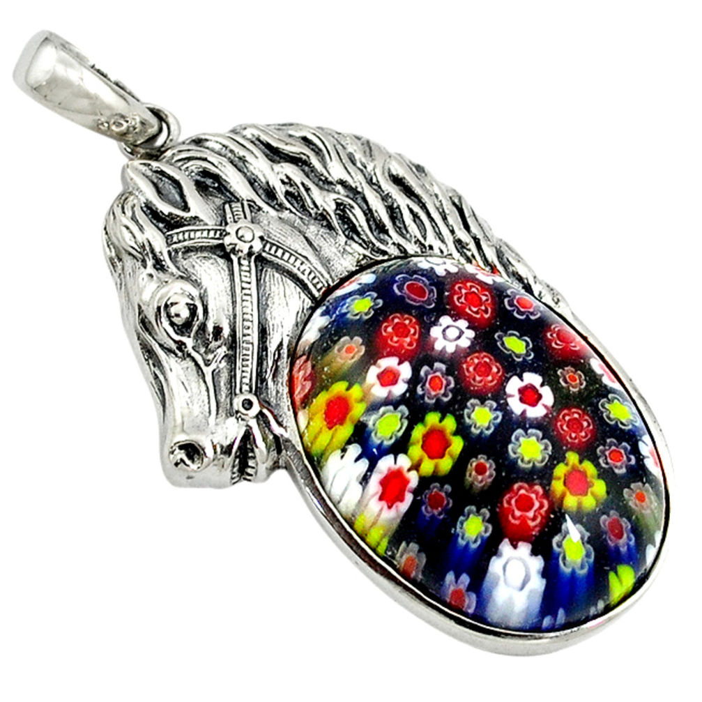 925 sterling silver multi color italian murano glass oval horse pendant c22454