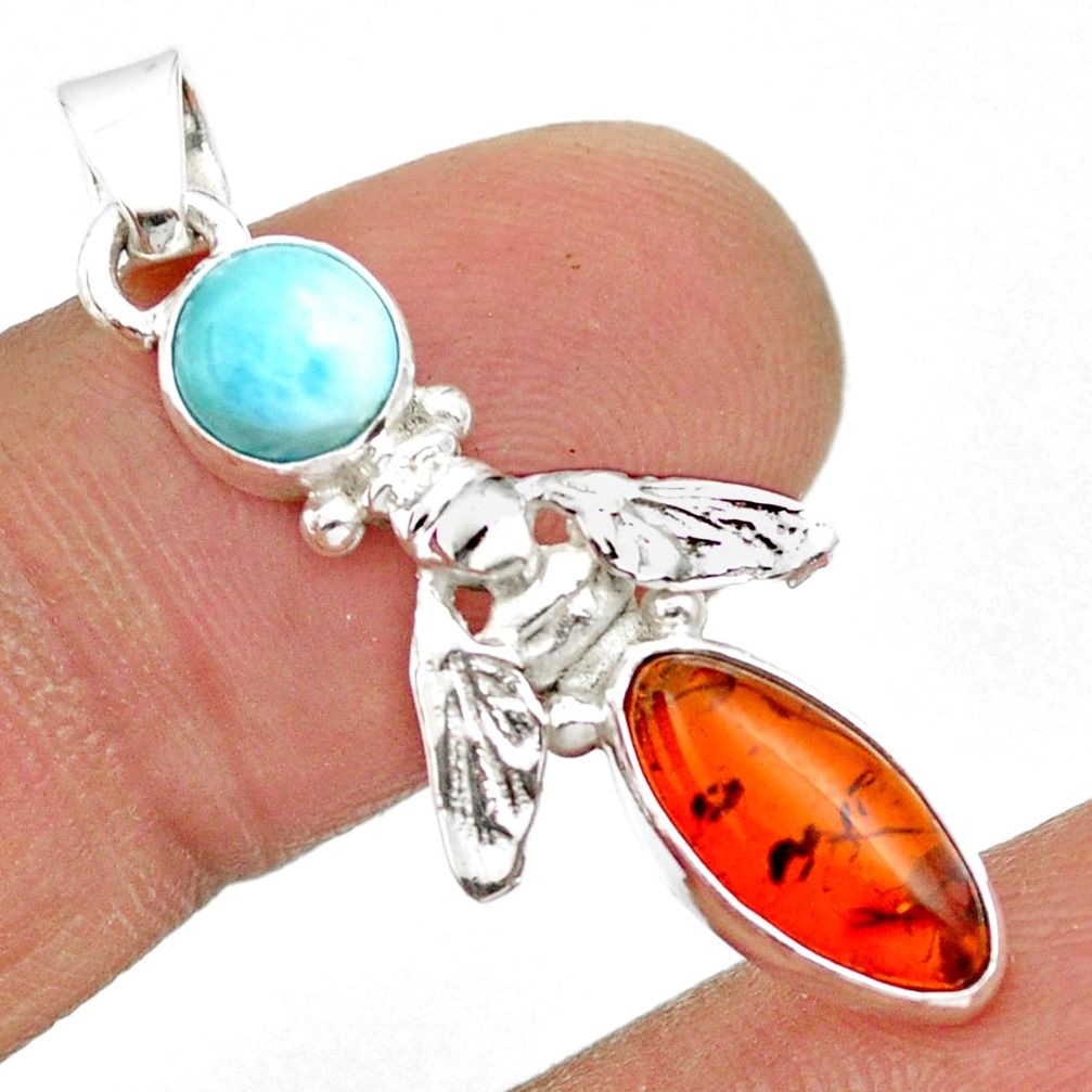 925 sterling silver 3.59cts natural amber blue larimar honey bee pendant u12774