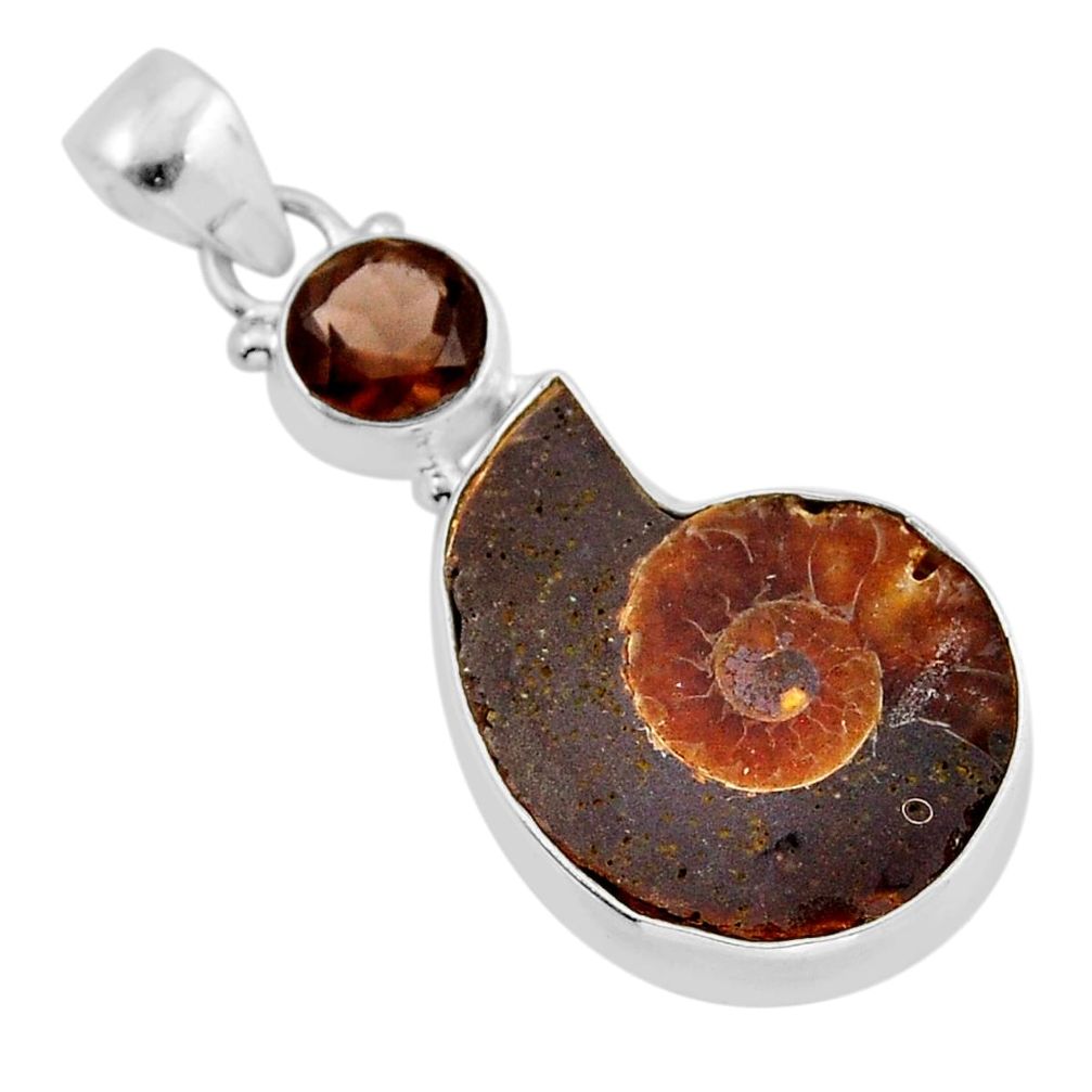 925 sterling silver 14.47cts natural ammonite fossil smoky topaz pendant y52262