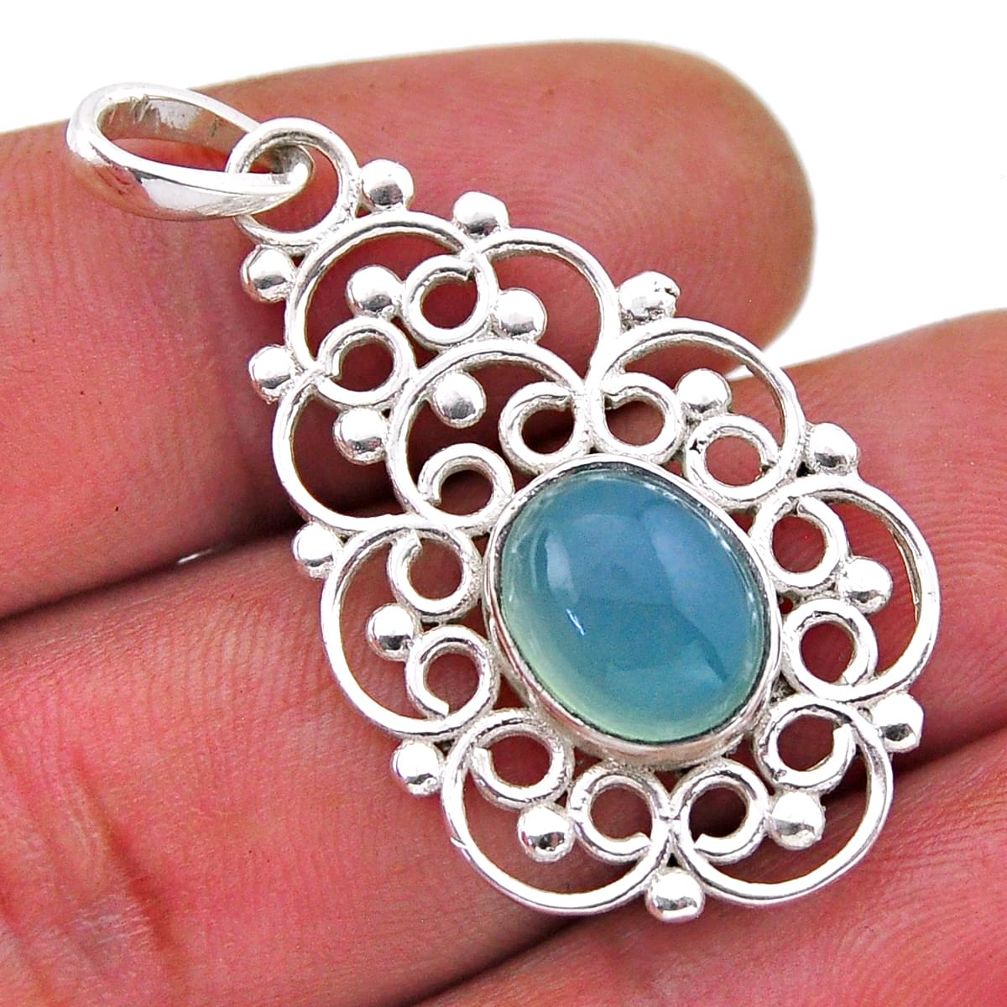 925 sterling silver 5.08cts natural aqua chalcedony oval pendant jewelry n51679