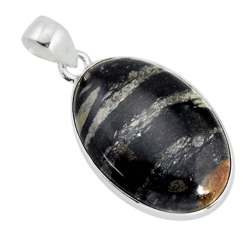 925 sterling silver 13.51cts natural black banded oil shale oval pendant y77339