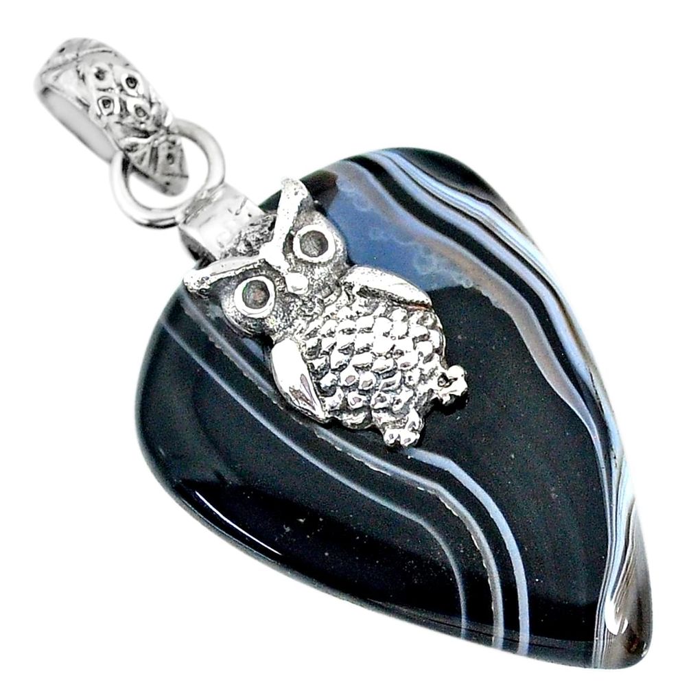925 sterling silver 20.16cts natural black botswana agate owl pendant r91338
