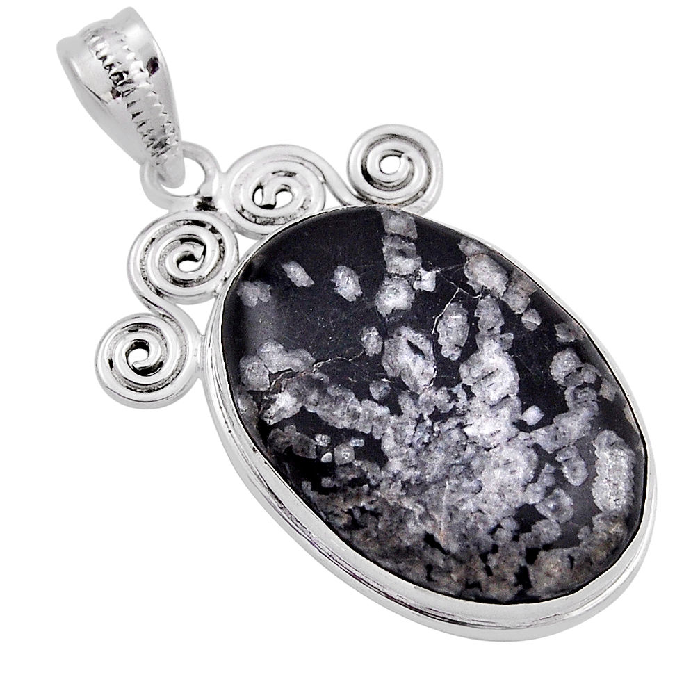 925 sterling silver 19.27cts natural black chrysanthemum oval pendant n23498