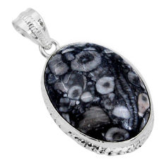 925 sterling silver 19.78cts natural black colus fossil oval pendant y5234