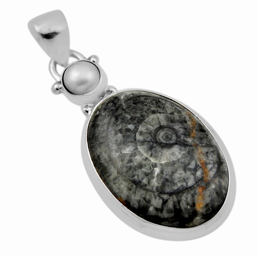 925 sterling silver 14.47cts natural black colus fossil pearl pendant n29357