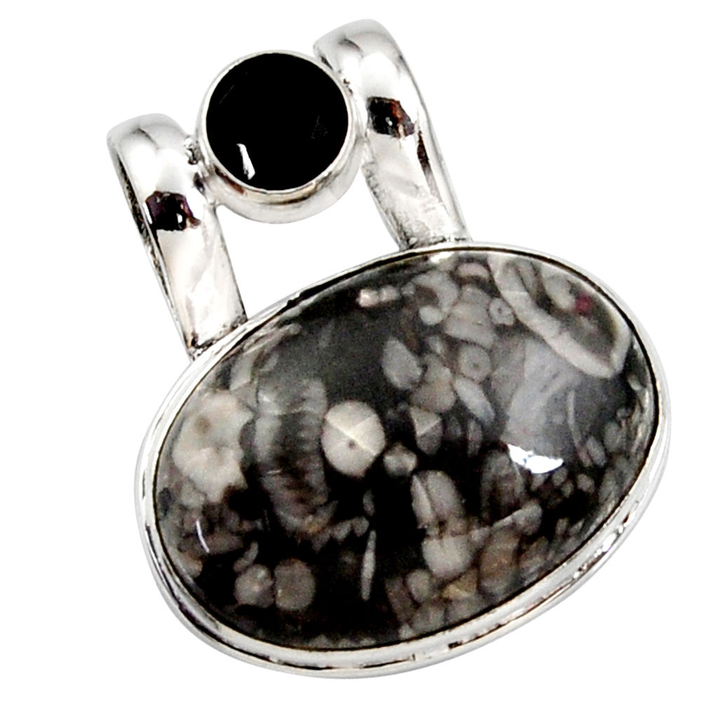 925 sterling silver 17.57cts natural black crinoid fossil onyx pendant r27804