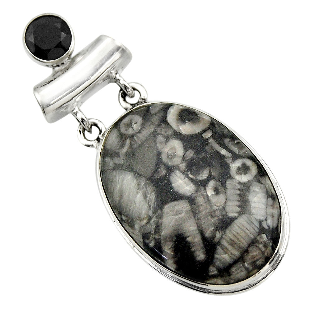 925 sterling silver 24.38cts natural black crinoid fossil onyx pendant r32049