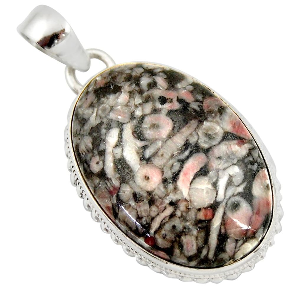 925 sterling silver 28.67cts natural black crinoid fossil oval pendant d41987