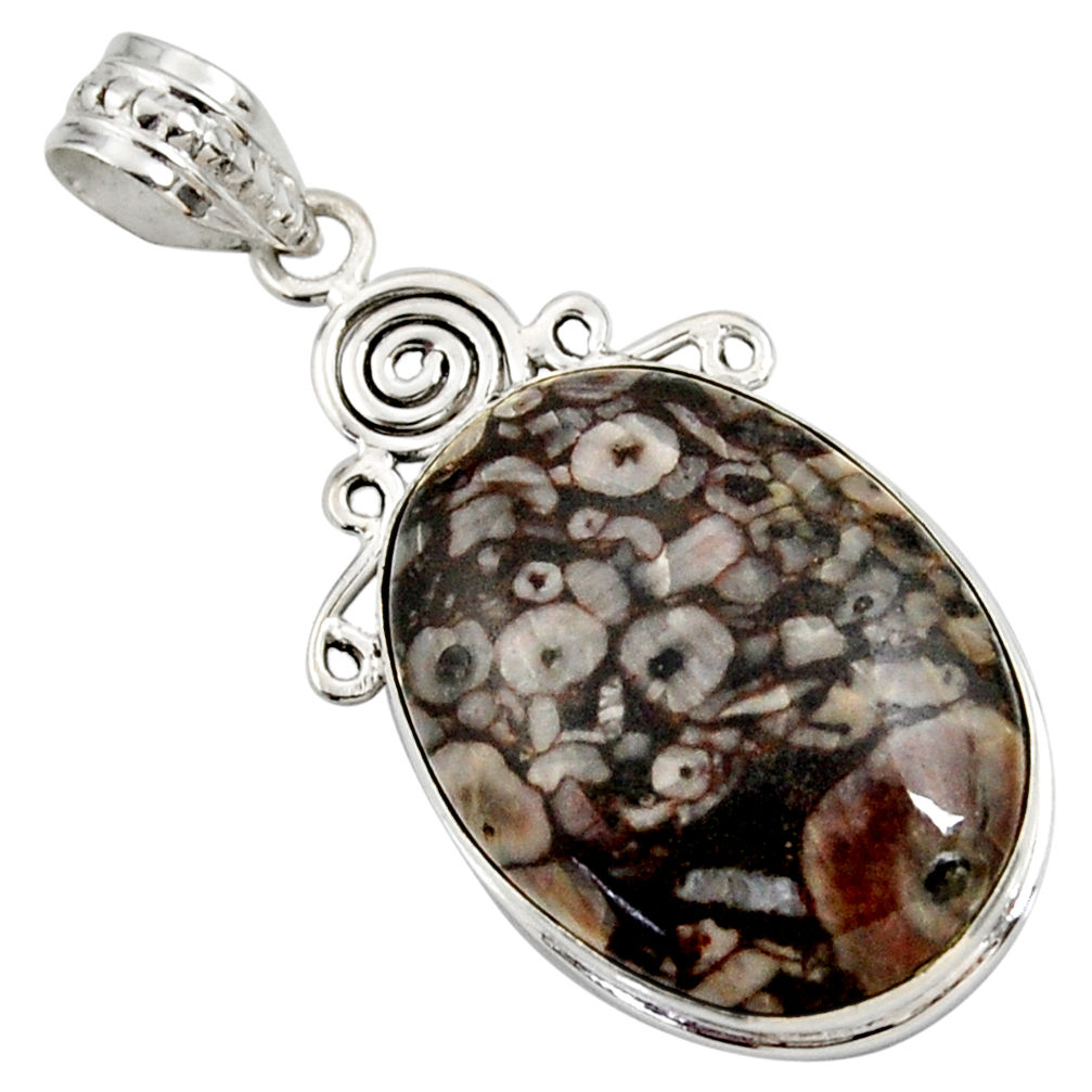 925 sterling silver 18.57cts natural black crinoid fossil pendant jewelry r27811