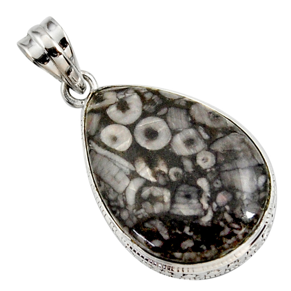 925 sterling silver 19.07cts natural black crinoid fossil pendant jewelry r27815