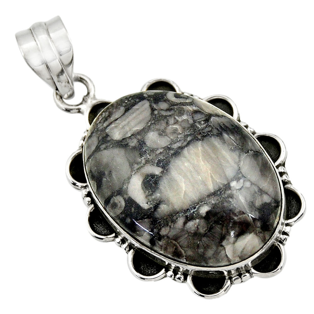 Clearance Sale- 925 sterling silver 20.33cts natural black crinoid fossil pendant jewelry r32056