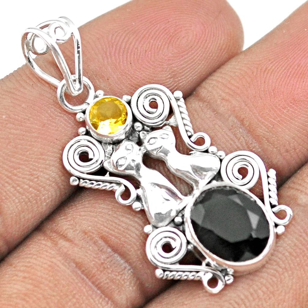925 sterling silver 5.79cts natural black onyx citrine two cats pendant u10963