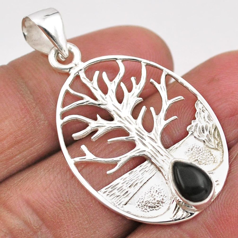 925 sterling silver 1.94cts natural black onyx pear tree of life pendant t88493