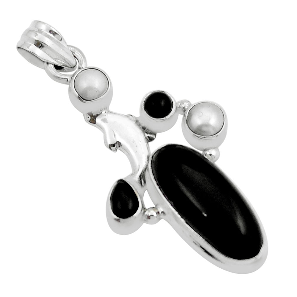 925 sterling silver 10.37cts natural black onyx pearl dolphin pendant y6359