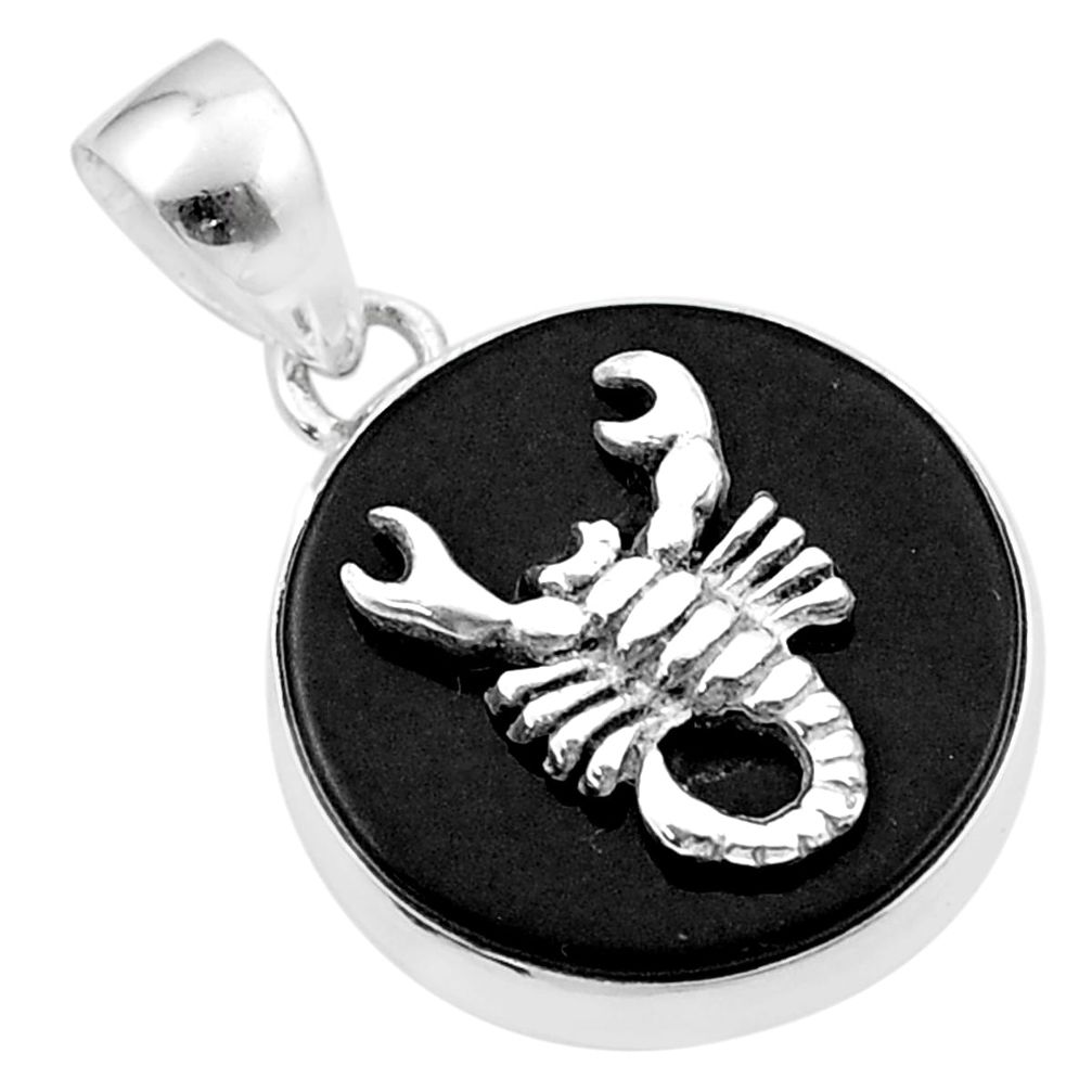 925 sterling silver 14.40cts natural black onyx round scorpion coin enamel pendant u34643
