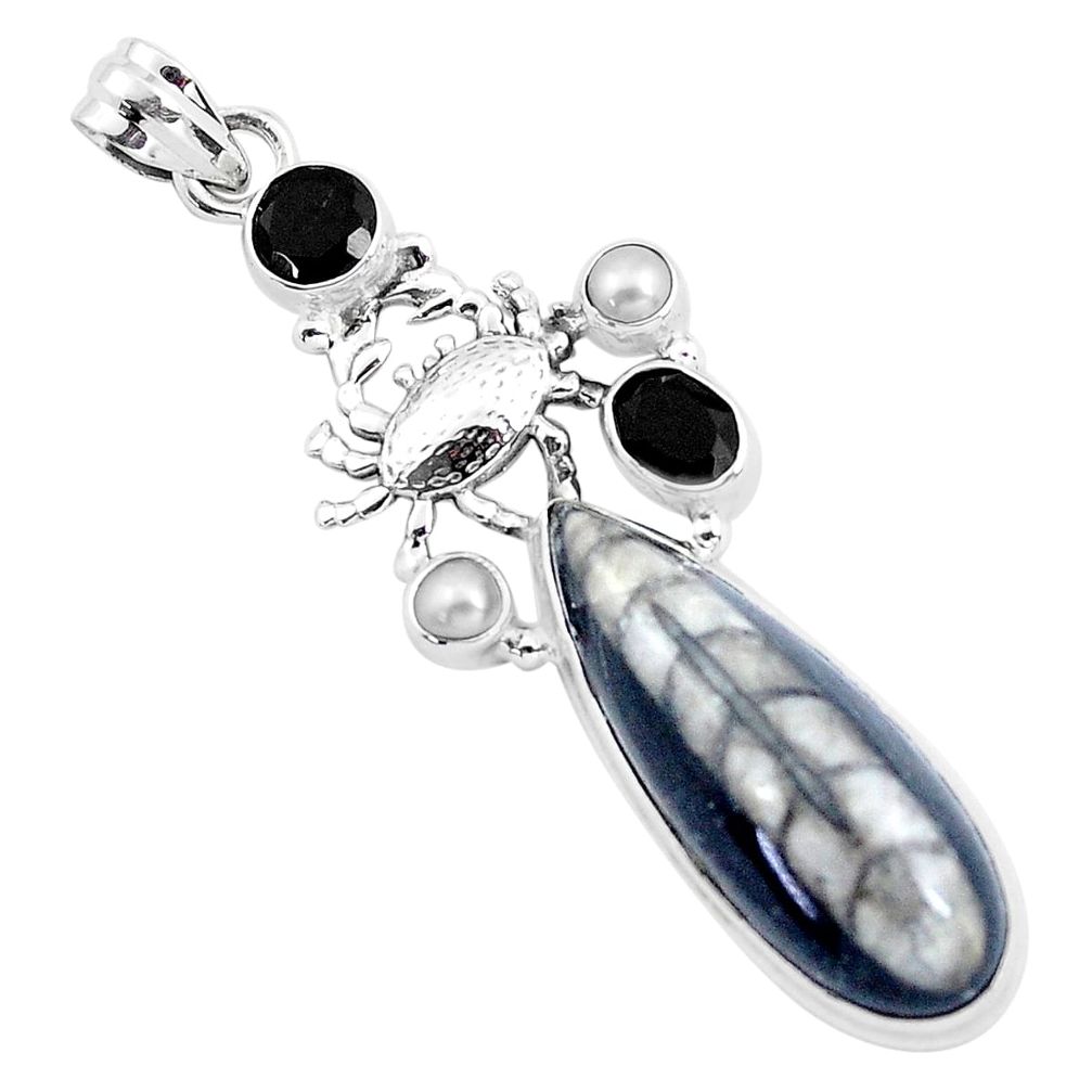 925 sterling silver 26.68cts natural black orthoceras onyx crab pendant p37469