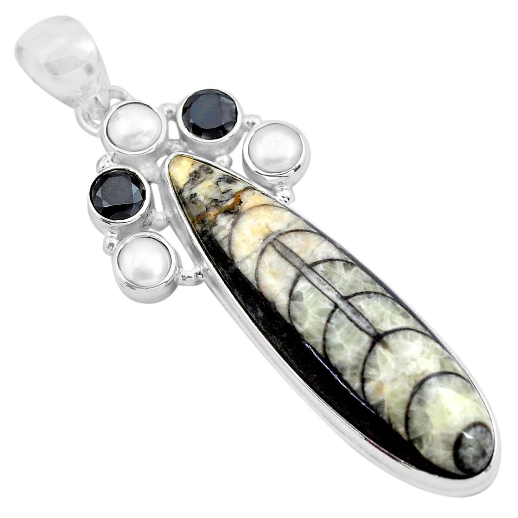 925 sterling silver 26.65cts natural black orthoceras onyx pearl pendant p86524