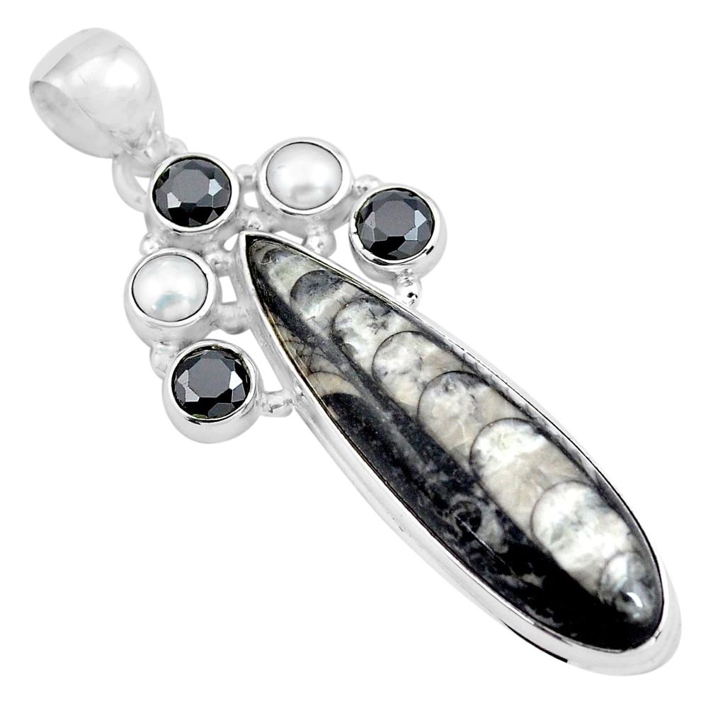 925 sterling silver 23.48cts natural black orthoceras onyx pearl pendant p86539