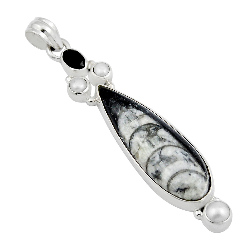 925 sterling silver 19.82cts natural black orthoceras onyx pearl pendant y22937