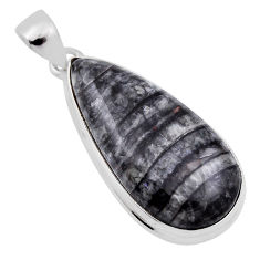 925 sterling silver 24.46cts natural black orthoceras pear shape pendant n31020