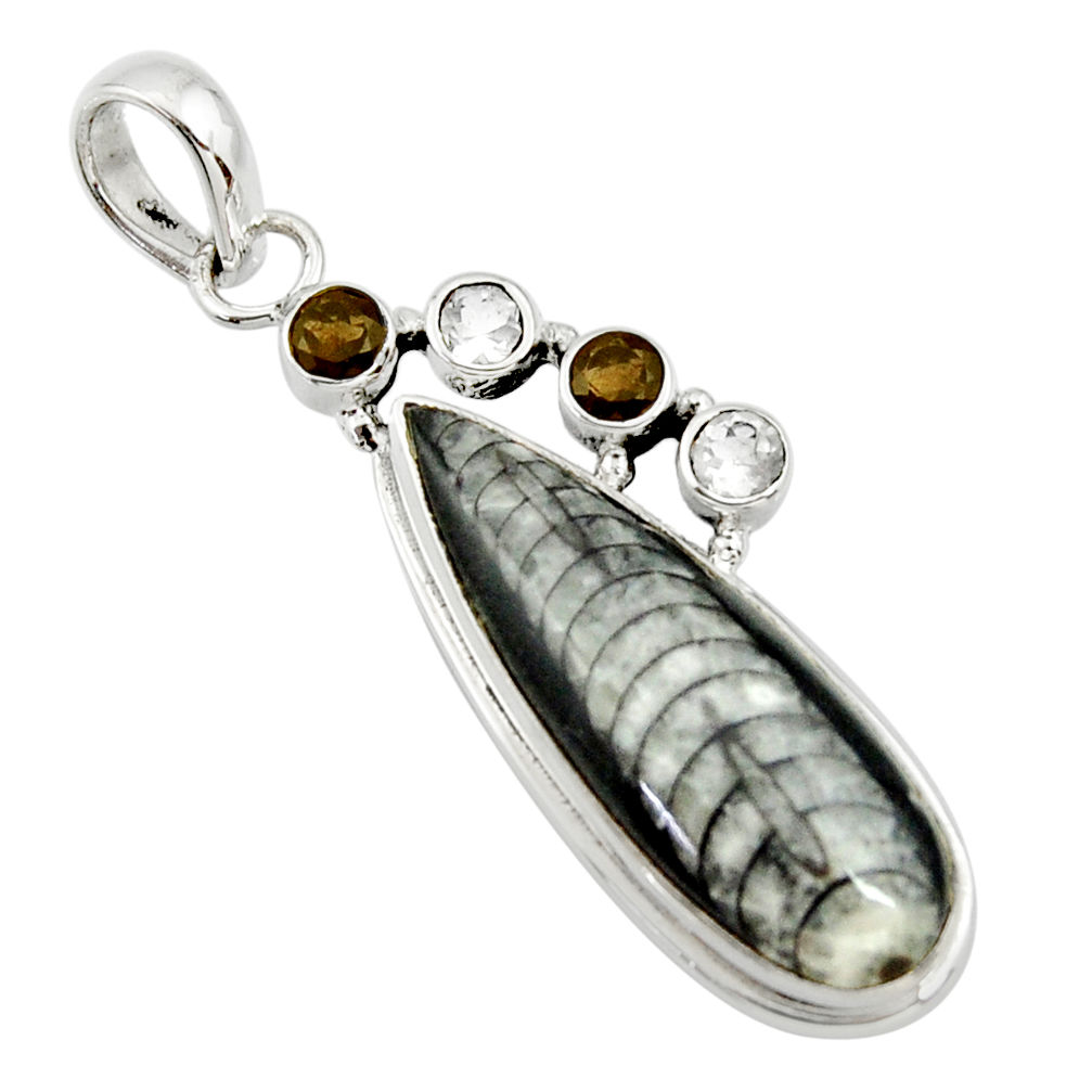 925 sterling silver 19.23cts natural black orthoceras smoky topaz pendant r36060