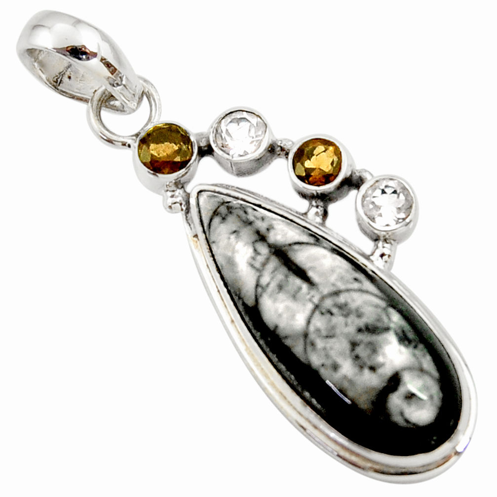 925 sterling silver 17.93cts natural black orthoceras smoky topaz pendant r36215