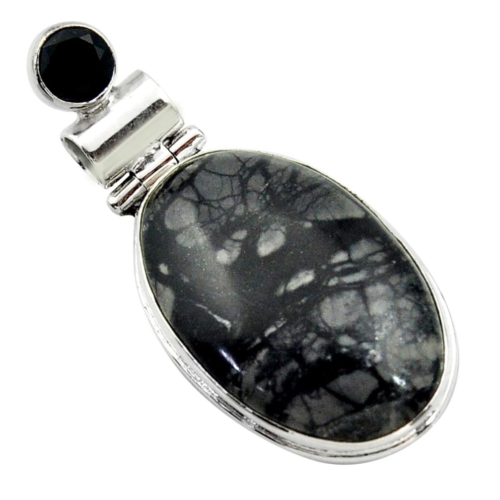 925 sterling silver 20.65cts natural black picasso jasper onyx pendant r32164