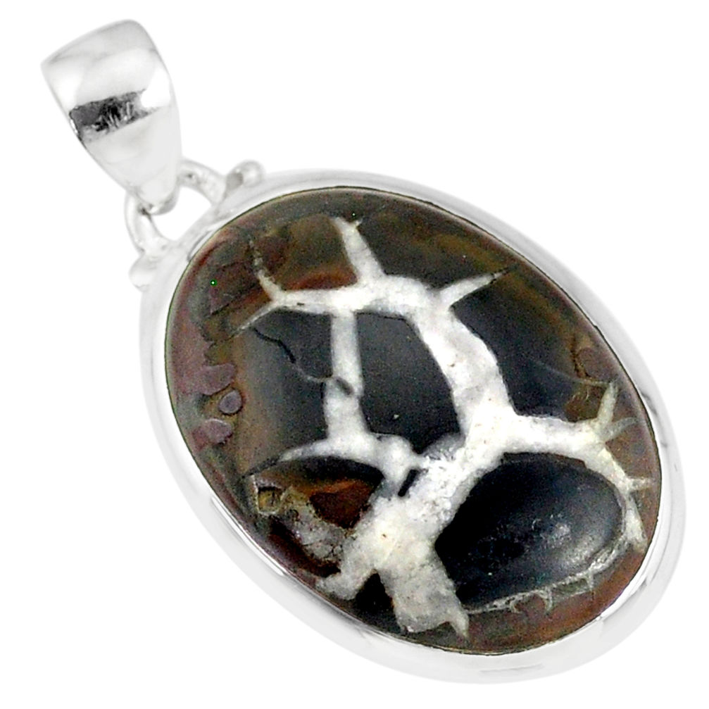 925 sterling silver 14.22cts natural black septarian gonads oval pendant r86605