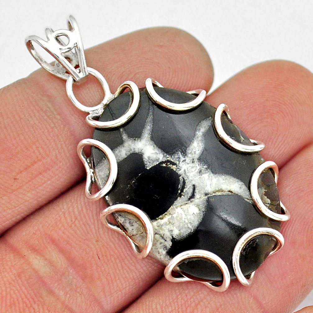 925 sterling silver 24.72cts natural black septarian gonads oval pendant y9509