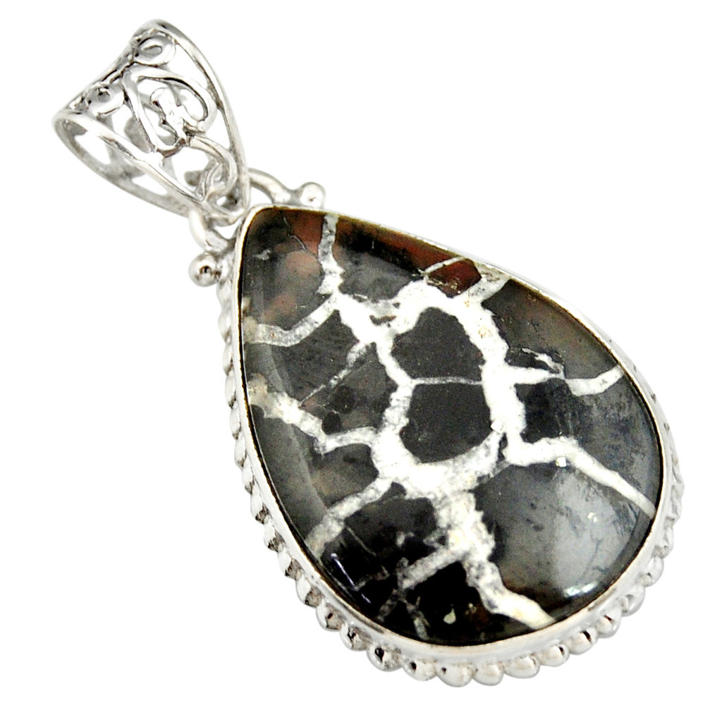 925 sterling silver 18.70cts natural black septarian gonads pear pendant r20129