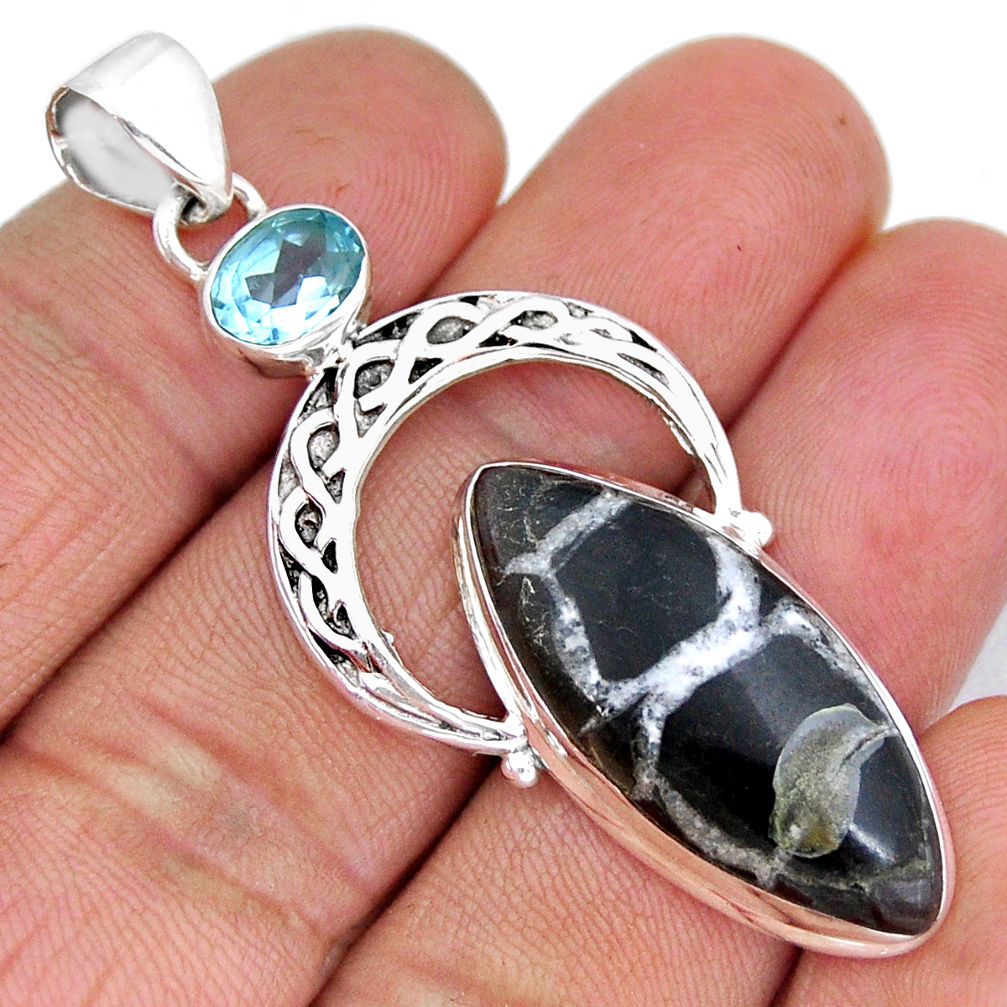 925 sterling silver 19.50cts natural black septarian gonads topaz pendant y8626