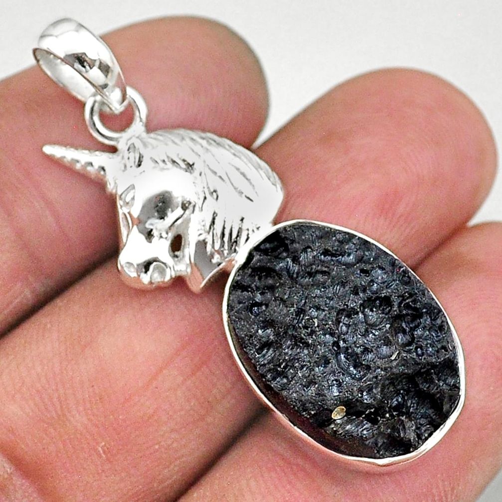 925 sterling silver 15.16cts natural black tektite oval horse pendant t15223