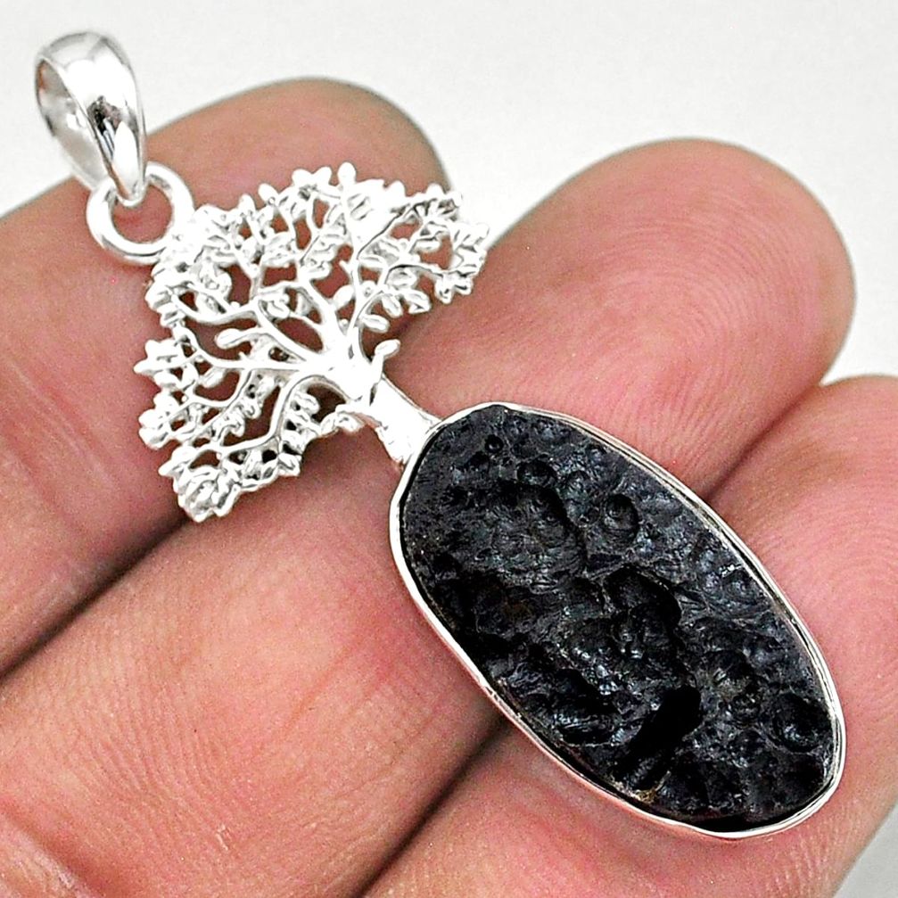 925 sterling silver 14.47cts natural black tektite tree of life pendant t15204