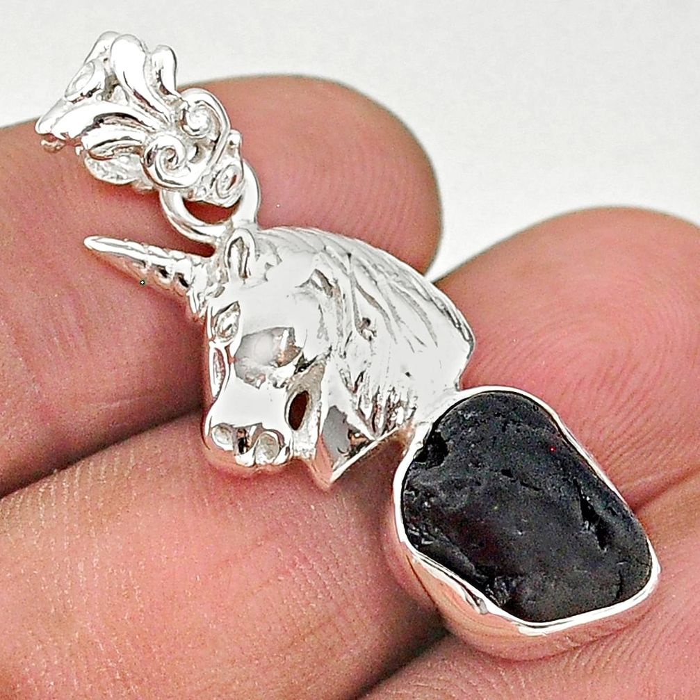 925 sterling silver 6.31cts natural black tourmaline raw horse pendant t20894