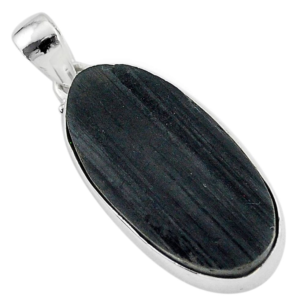 925 sterling silver 22.59cts natural black tourmaline raw oval pendant r96728