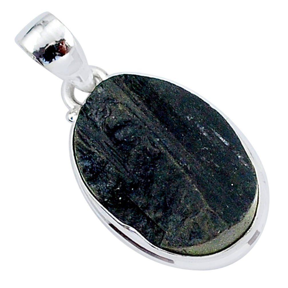 925 sterling silver 15.65cts natural black tourmaline raw oval pendant r96757
