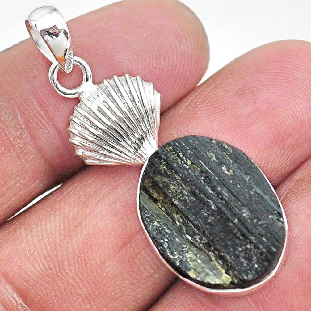 925 sterling silver 13.67cts natural black tourmaline raw oval pendant t9866