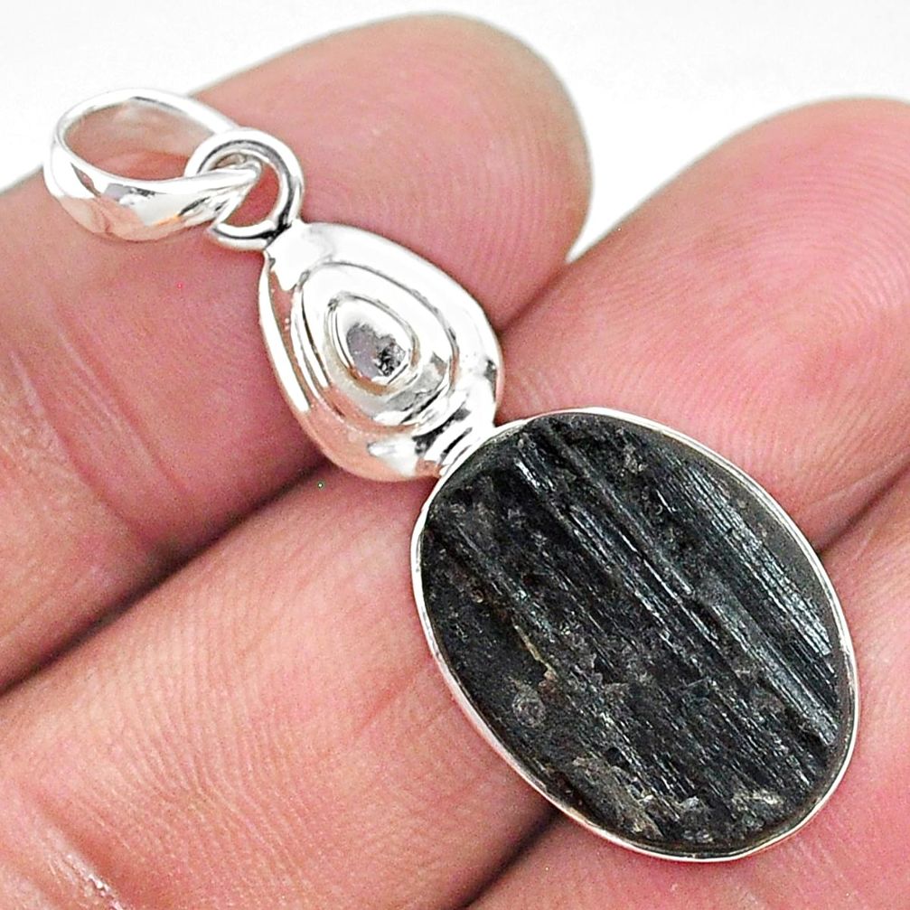 925 sterling silver 14.23cts natural black tourmaline raw oval pendant t9875