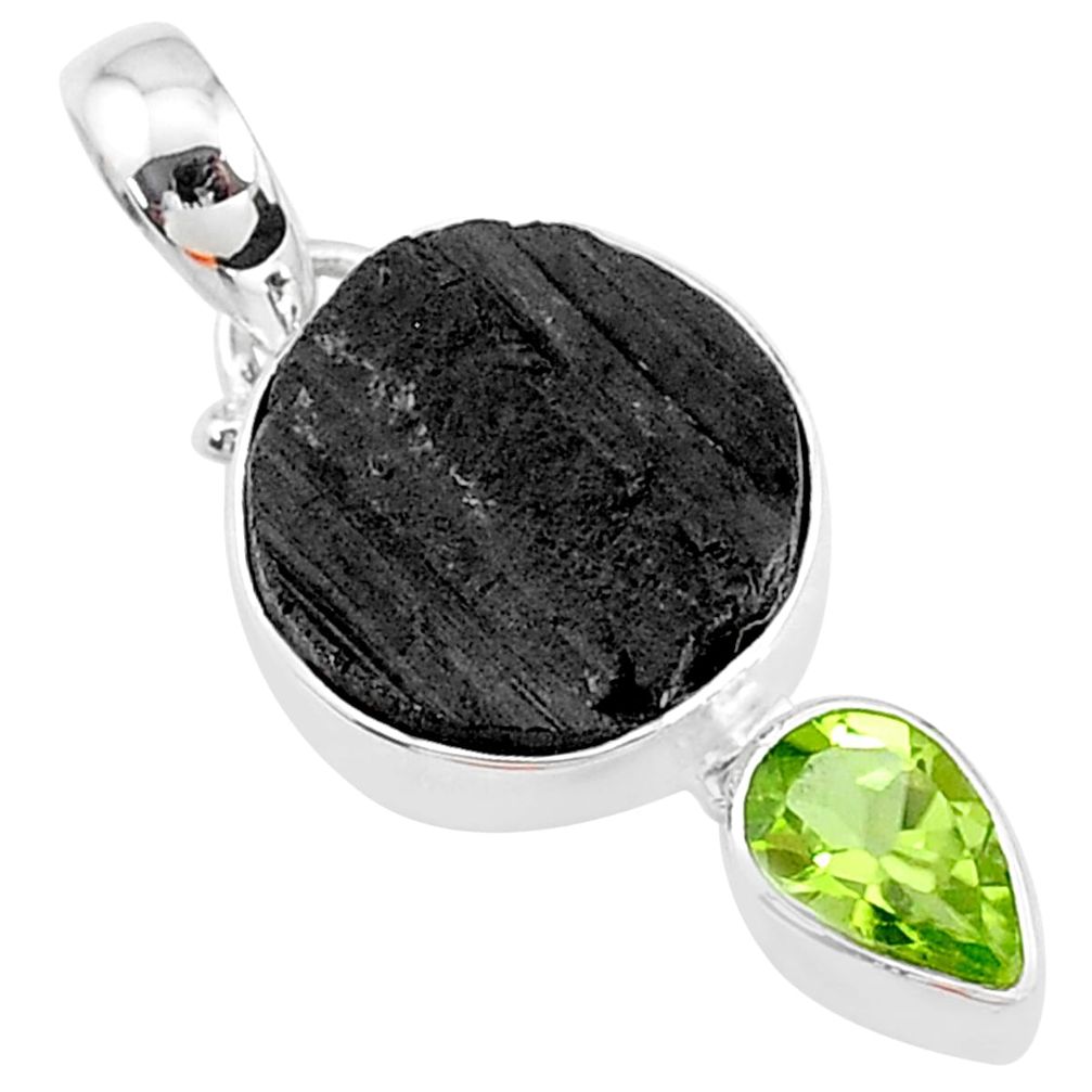 925 sterling silver 9.60cts natural black tourmaline raw peridot pendant t9770