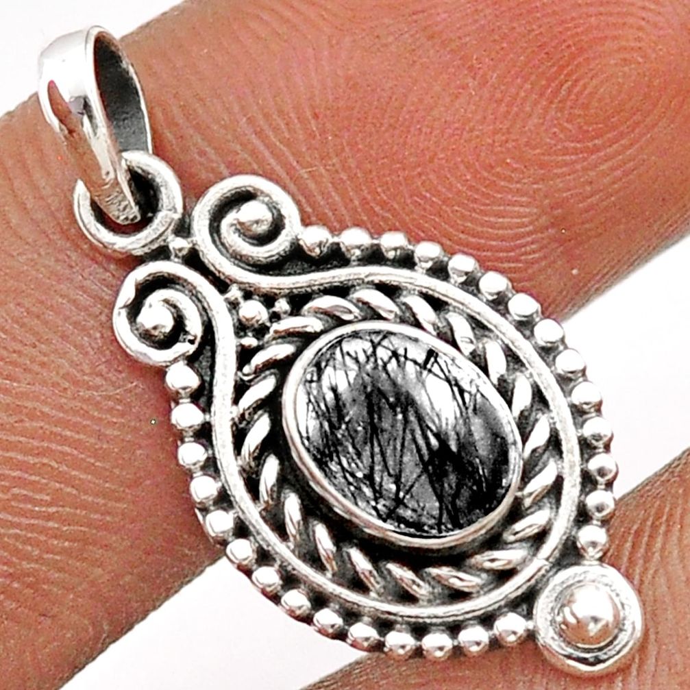 925 sterling silver 2.08cts natural black tourmaline rutile oval pendant t86268