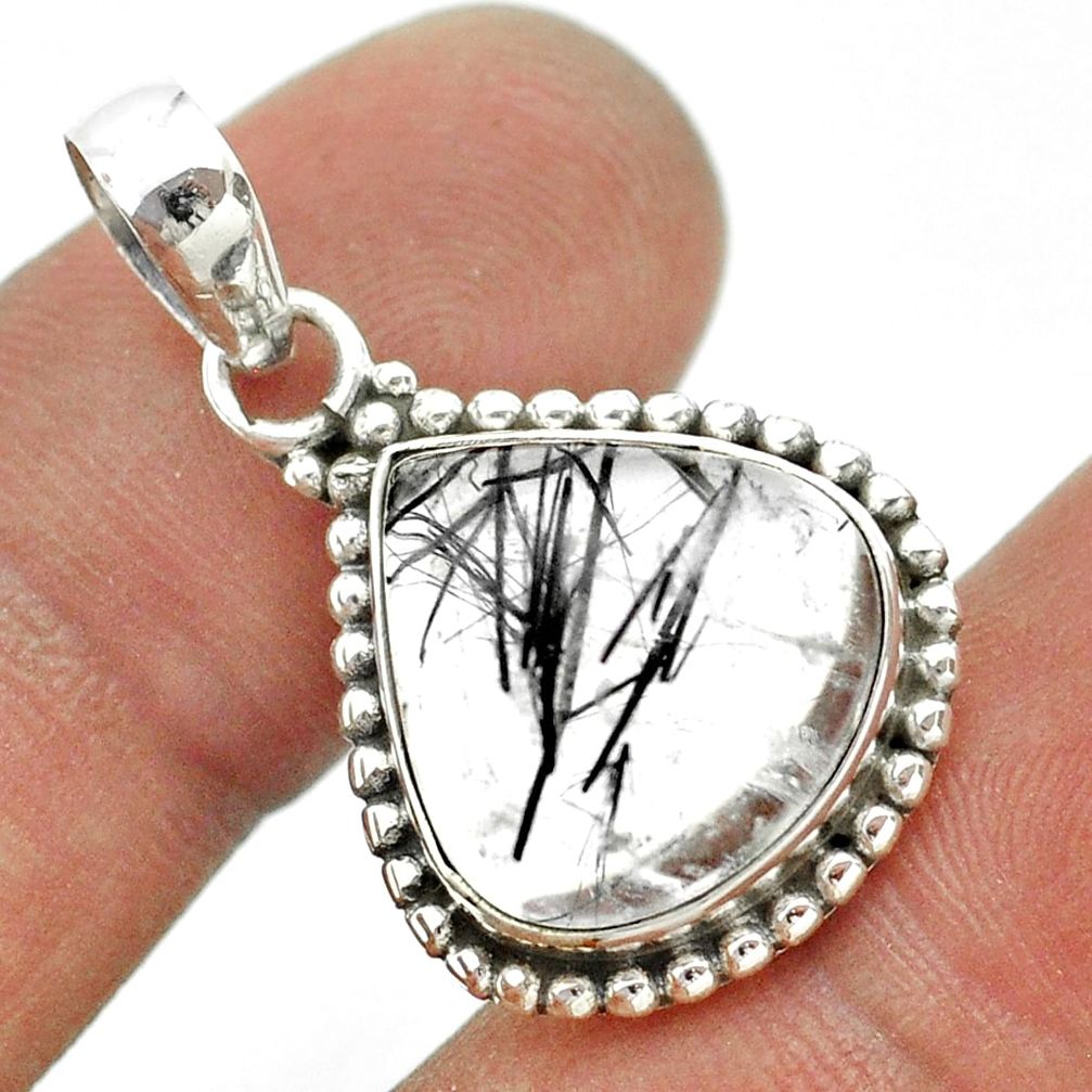 925 sterling silver 10.41cts natural black tourmaline rutile pear pendant t53320
