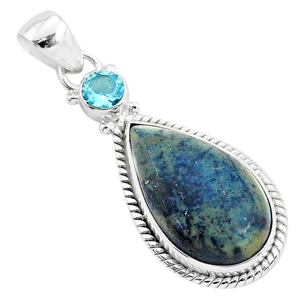 925 sterling silver 14.72cts natural black vivianite blue topaz pendant r94245