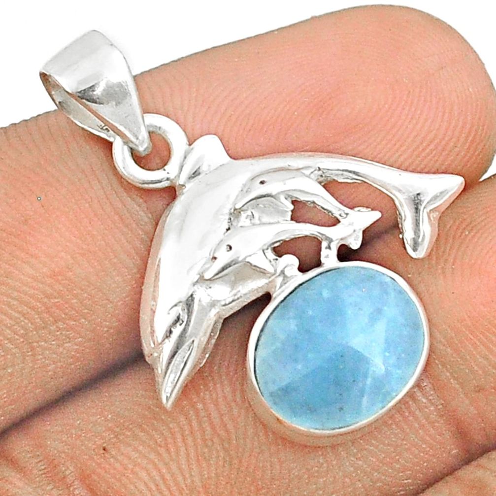 925 sterling silver 5.58cts sea life natural blue aquamarine dolphin pendant u25943
