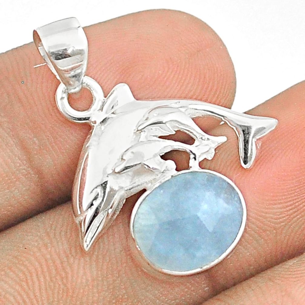 925 sterling silver 5.04cts sea life natural blue aquamarine oval dolphin pendant u25949